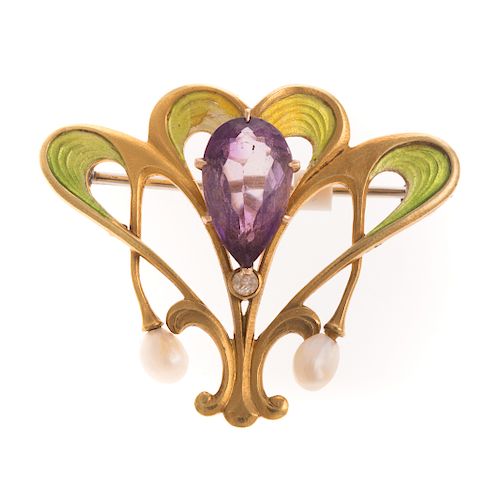 A Ladies Art Nouveau Enamel Brooch in 22K