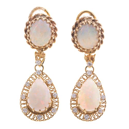A Pair of Opal & Diamond Dangle Earrings in 14K