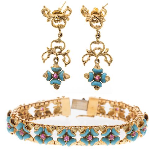 A Ladies Enamel & Ruby Jewelry Set in Gold