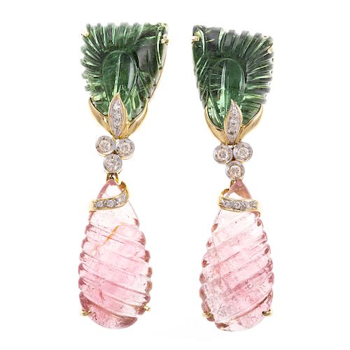 A Pair of Carved Pink & Green Tourmaline Earrings