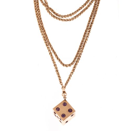 A Ladies Large Dice Pendant on Long Chain in 14K