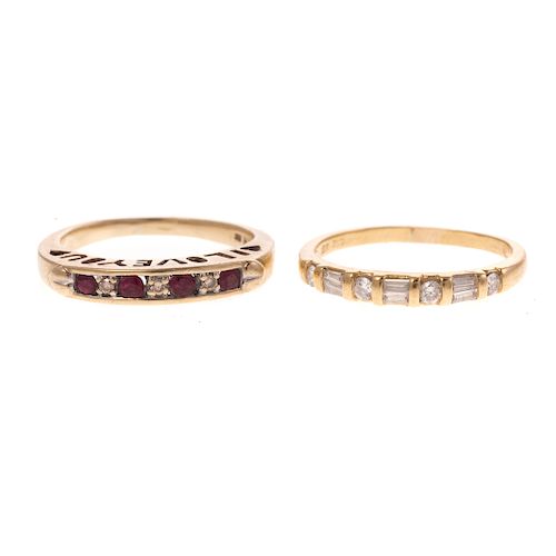 Two Ladies Diamond & Ruby Bands in Gold