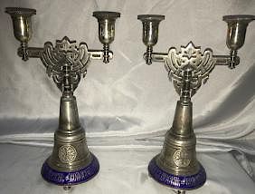RUSSIAN SILVER ENAMEL CANDLESTICKS STAMPED & MARKED