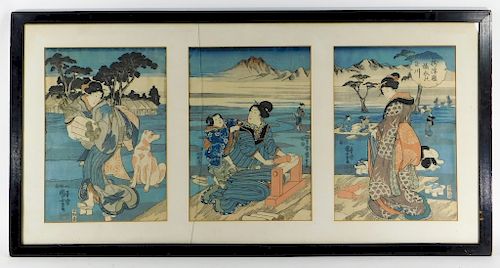 Japanese Meiji Period Geisha Landscape Woodblock