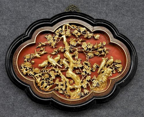 C.1900 Chinese Gilt Lacquered Wood Avian Panel