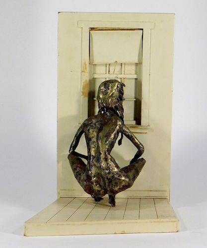 Modernist Metal Sculpture of Nude Woman in Window