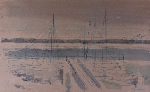 Joe Jones Abstract W/C Sailboat Harbor Painting