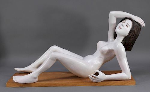 20C. American MCM Carved Wood Reclining Nude Woman