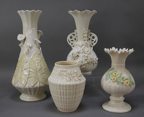 4PC Belleek China Porcelain Floral Iris Vase Group