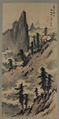 Japanese Meiji Ink WC Landscape Scroll Painting