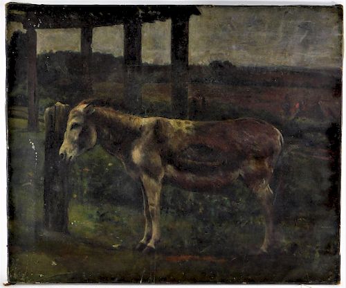 19C English Bucolic Landscape Painting of a Donkey