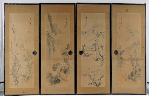4PC Chinese Landscape Seasons WC Panel Paintings
