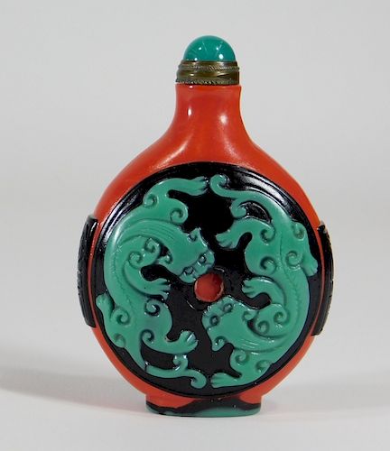 Chinese 3 Color Chilong Peking Glass Snuff Bottle