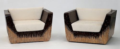 PR MCM Coconut Shell & Bamboo Veneer Club Chairs