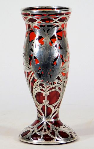 C.1900 Art Nouveau Silver Overlay Ruby Glass Vase