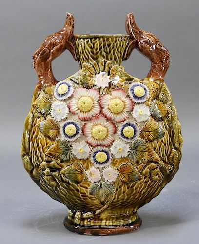 19C German Majolica Dragon Handle Moon Flask Vase