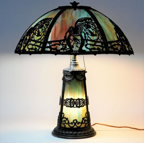 Art Nouveau Asiatic Rainbow Slag Glass Table Lamp