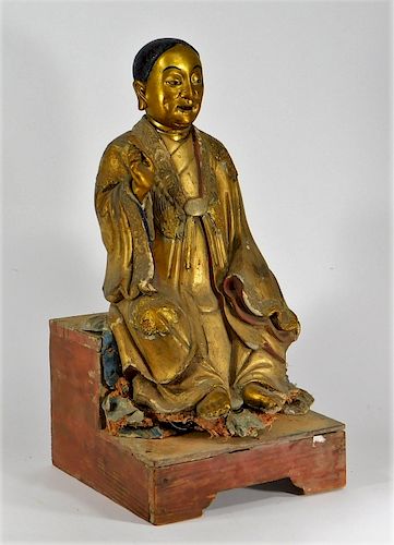 18C. Chinese Gilt Stucco Seated Buddha Figure