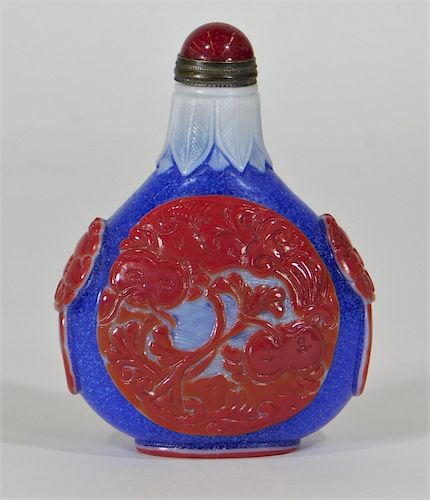 Chinese 3 Color Overlay Peking Glass Snuff Bottle