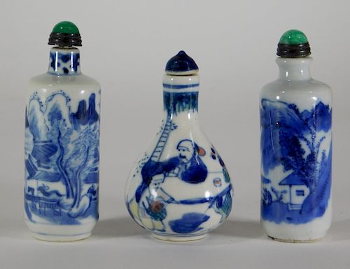 3PC Chinese Blue & White Porcelain Snuff Bottles