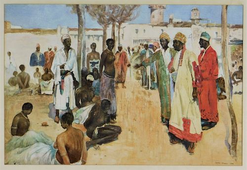 J. Monks Orientalist Arab Slave Market WC Painting