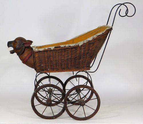C1900 Victorian Carved Wood Dog Head Doll Stroller