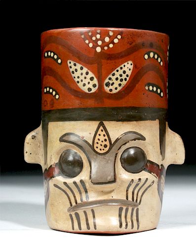 Superb Nazca Pottery Kero - Trophy Head w/ Corn Stalks