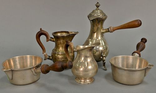 Five piece silver lot, three marked Mergulhao Titulo, one hand hammered. 31.4 t oz. with handles. 
Provenance: Estate of Kenneth Jay...