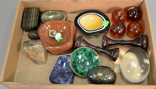 Group of four amber balls, two with stands, crystal egg, enameled egg, tiger eye stone block, malachite bowl, quartz, art glass, sto...