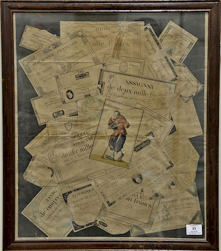 After Nicolas Marie Gatteaux (1751-1832), by Tardieu, hand colored engraving, Trompe L'oeil paper money and printed ephemera. 22 1/2" ...