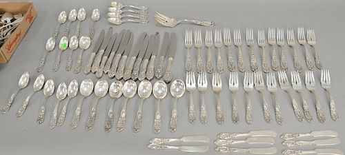 Sterling silver flatware set to include 12 dinner forks, 12 salad forks, 12 dinner knives, 8 salad spoons, 8 butter knives, 16 teasp...