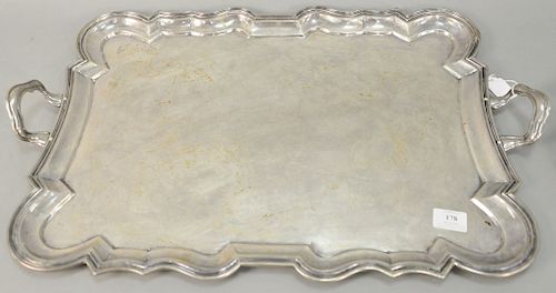 Silver tray, shaped with two handles. 17 3/4" x 26 3/4", 100 t oz. 
Provenance: Estate of Kenneth Jay Lane