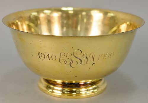Tiffany & Co. sterling silver revere style bowl, gilt decorated (monogrammed as trophy). ht. 6 in., dia. 11 3/4 in., 37.7 t oz.