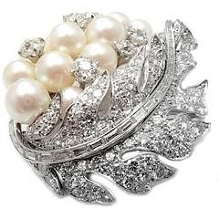  Art Deco Platinum 7.5ctw Diamond Pearl Leaf Brooch Pin