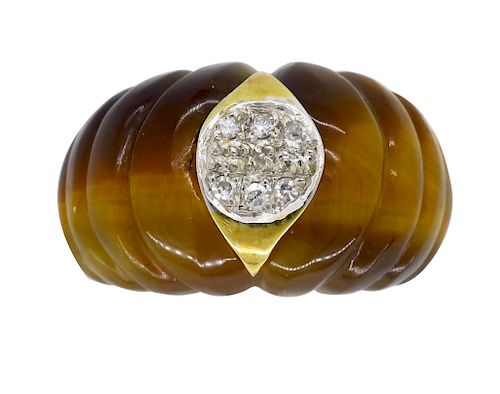 Carved Tigers Eye and Diamond Estate Ring