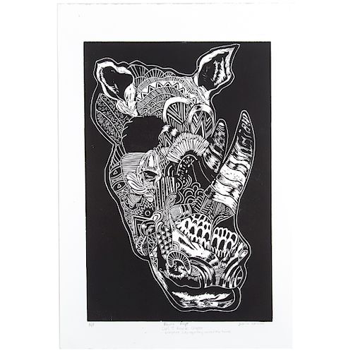 Jamila Okubo. "Rhino Rage," woodcut
