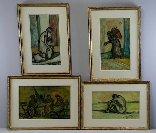 Group of Four Signed Figural Oils on Paper.