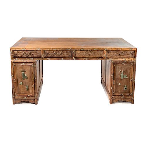 Chinese carved rosewood & jade partners desk