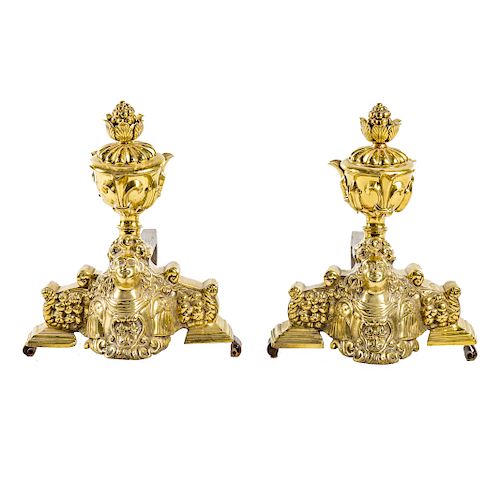 Pair French brass andirons