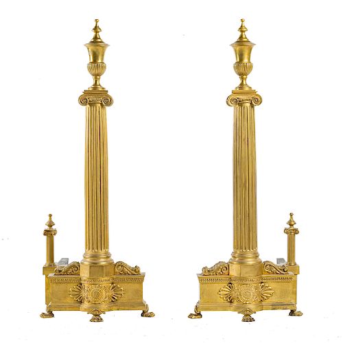 Large pair Empire style brass andirons