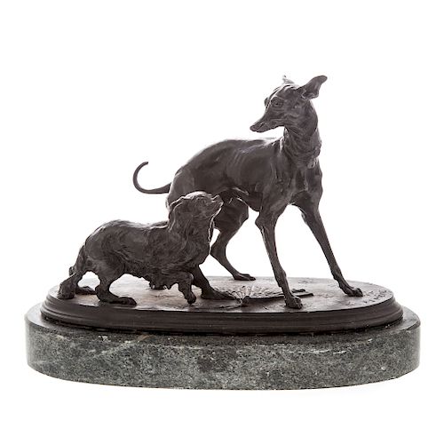 After P.J. Mene. Two dogs, bronze
