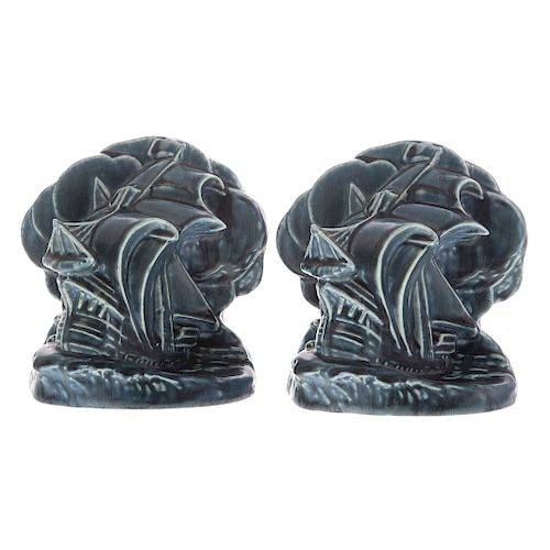 Rookwood pottery dark blue galleon bookends