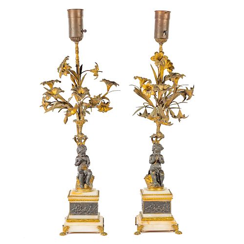 Pair Napoleon III bronze/marble figural lamps