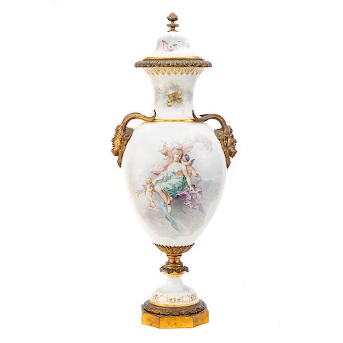 Sevres style gilt-metal-mounted porcelain urn