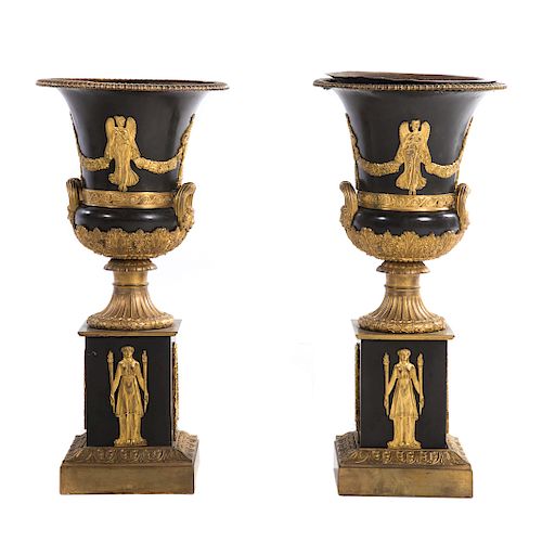 Pair French Empire bronze pedastal urns