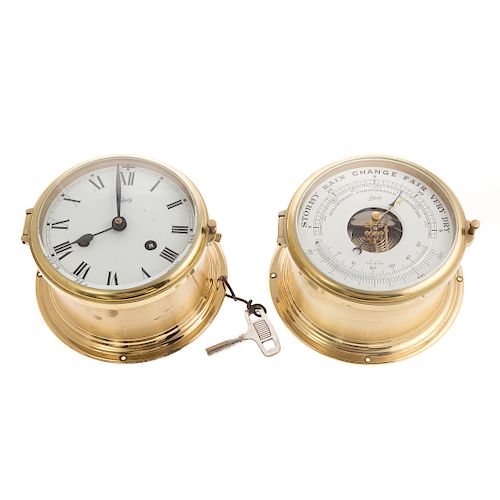 Schatz brass porthole barometer and clock