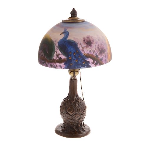 Handel reverse painted Peacock boudoir lamp