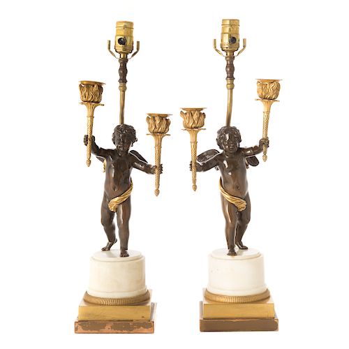 Pair Louis XVI bronze Cupid candelabra lamps
