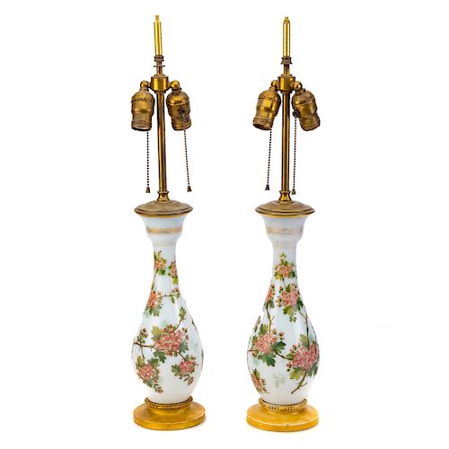 Pair continental opalescent glass vase lamps
