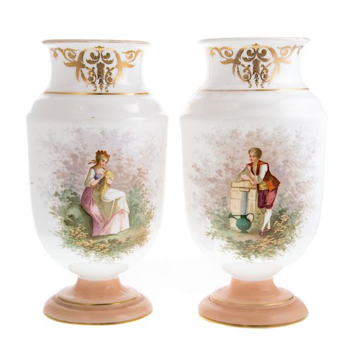Pair opaline paint decorated vases